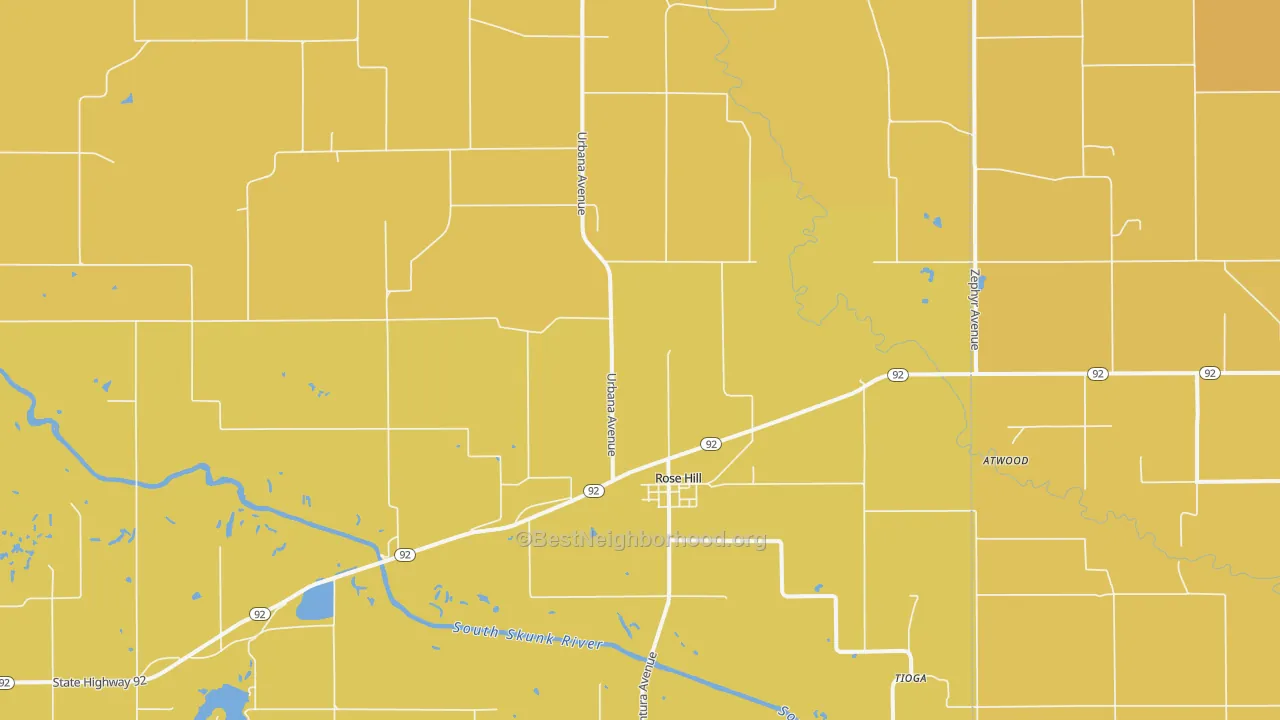 Map of the best neighborhoods in the 52586 area, with better matches in green and worse matches in red