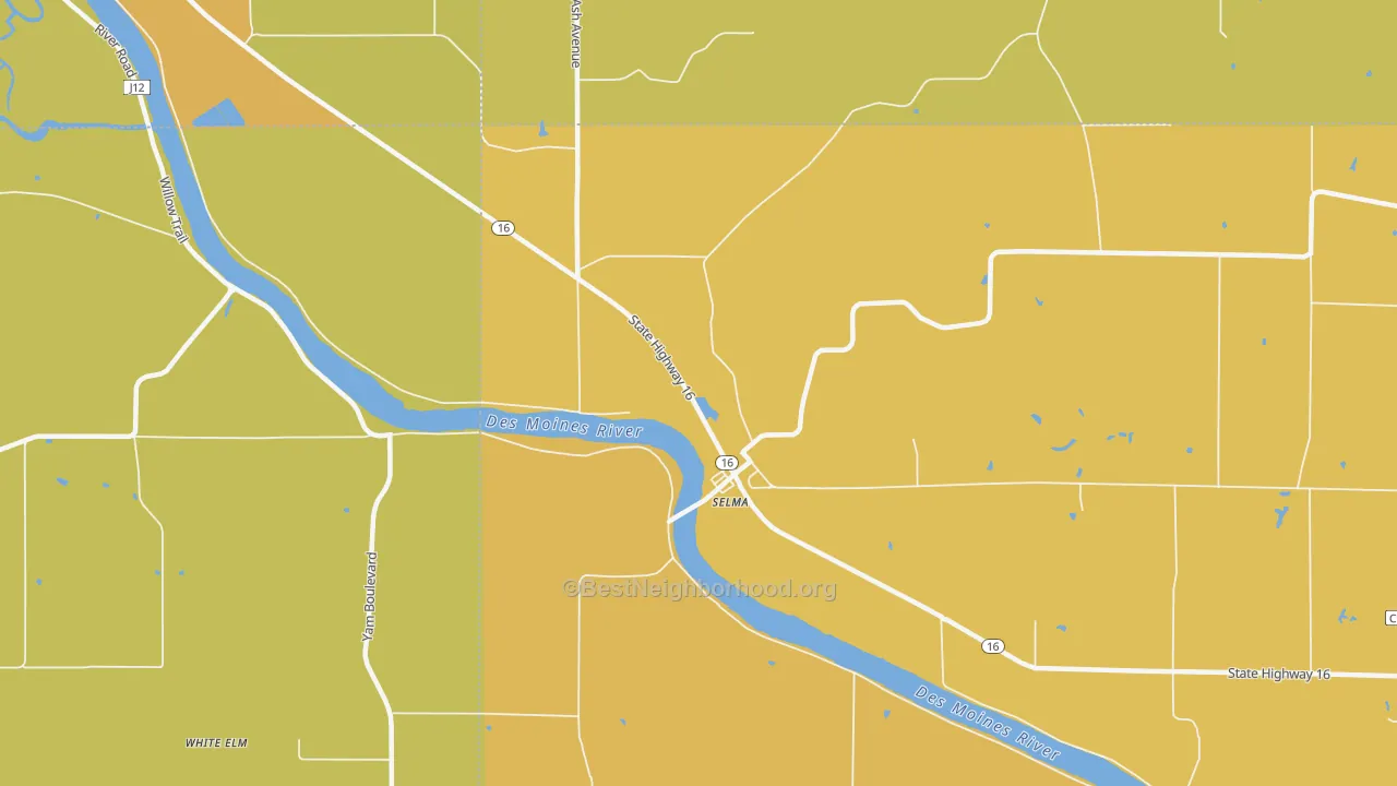 Map of the best neighborhoods in the 52588 area, with better matches in green and worse matches in red