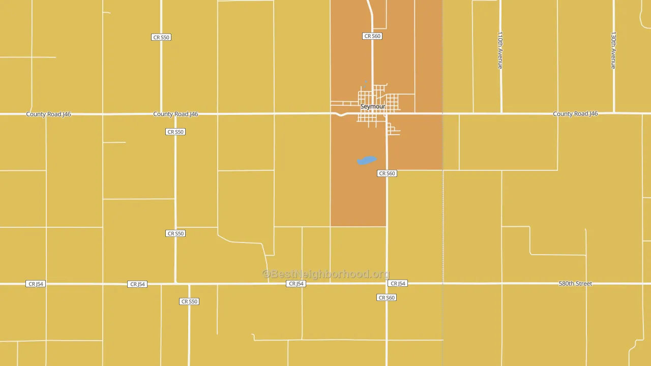Map of the best neighborhoods in the 52590 area, with better matches in green and worse matches in red