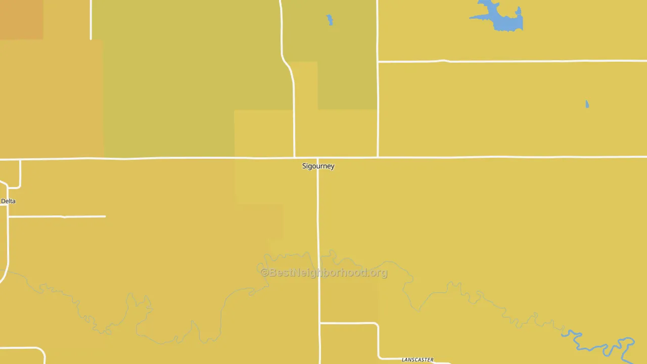 Map of the best neighborhoods in the 52591 area, with better matches in green and worse matches in red
