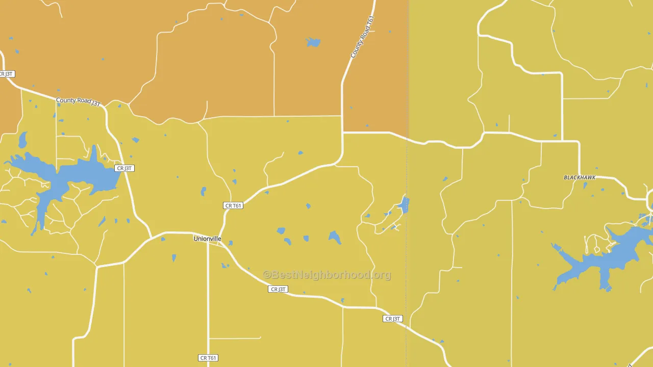 Map of the best neighborhoods in the 52594 area, with better matches in green and worse matches in red