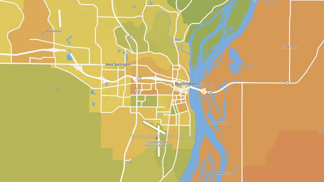 Map of the best neighborhoods in the 52601 area, with better matches in green and worse matches in red
