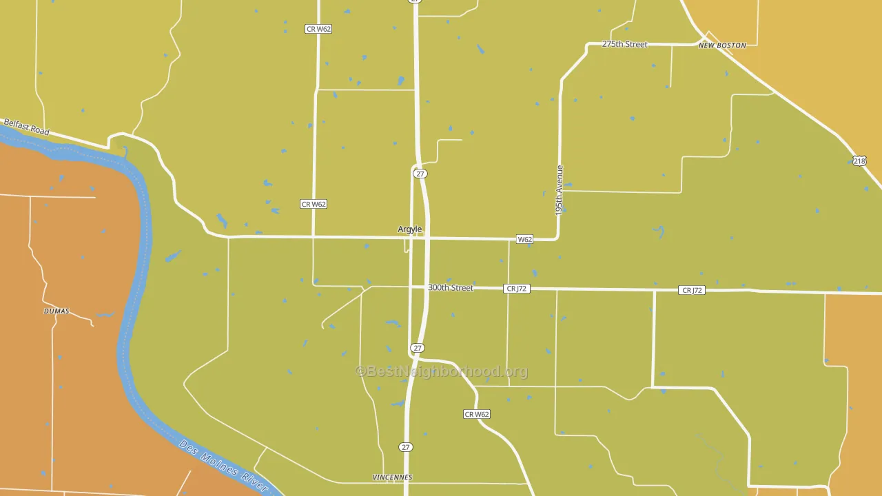 Map of the best neighborhoods in the 52619 area, with better matches in green and worse matches in red