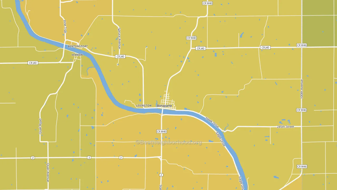 Map of the best neighborhoods in the 52620 area, with better matches in green and worse matches in red