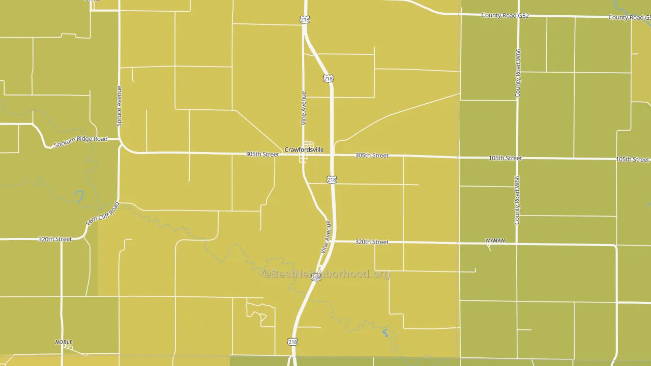 Map of the best neighborhoods in the 52621 area, with better matches in green and worse matches in red