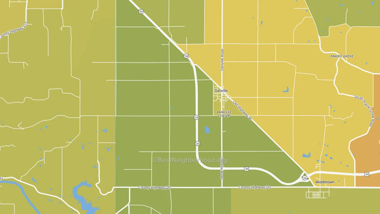 Map of the best neighborhoods in the 52623 area, with better matches in green and worse matches in red