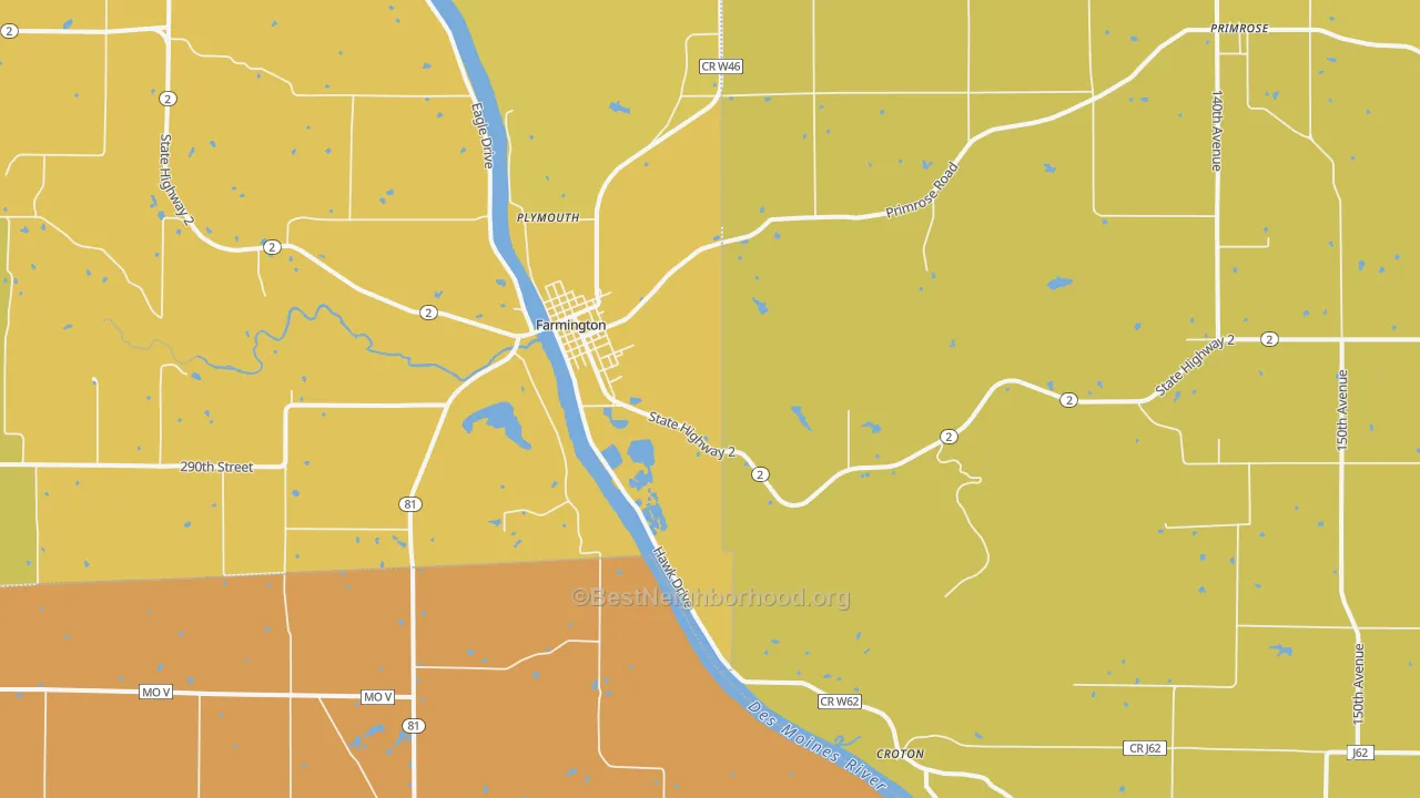 Map of the best neighborhoods in the 52626 area, with better matches in green and worse matches in red