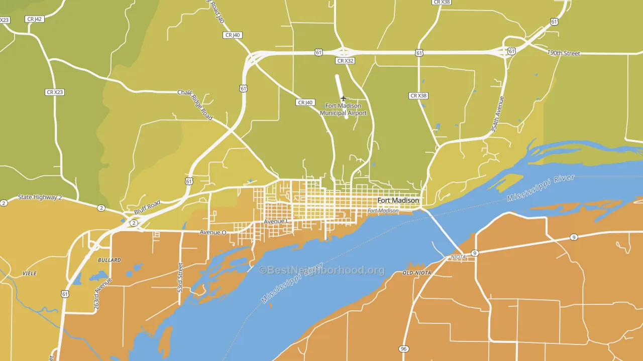 Map of the best neighborhoods in the 52627 area, with better matches in green and worse matches in red
