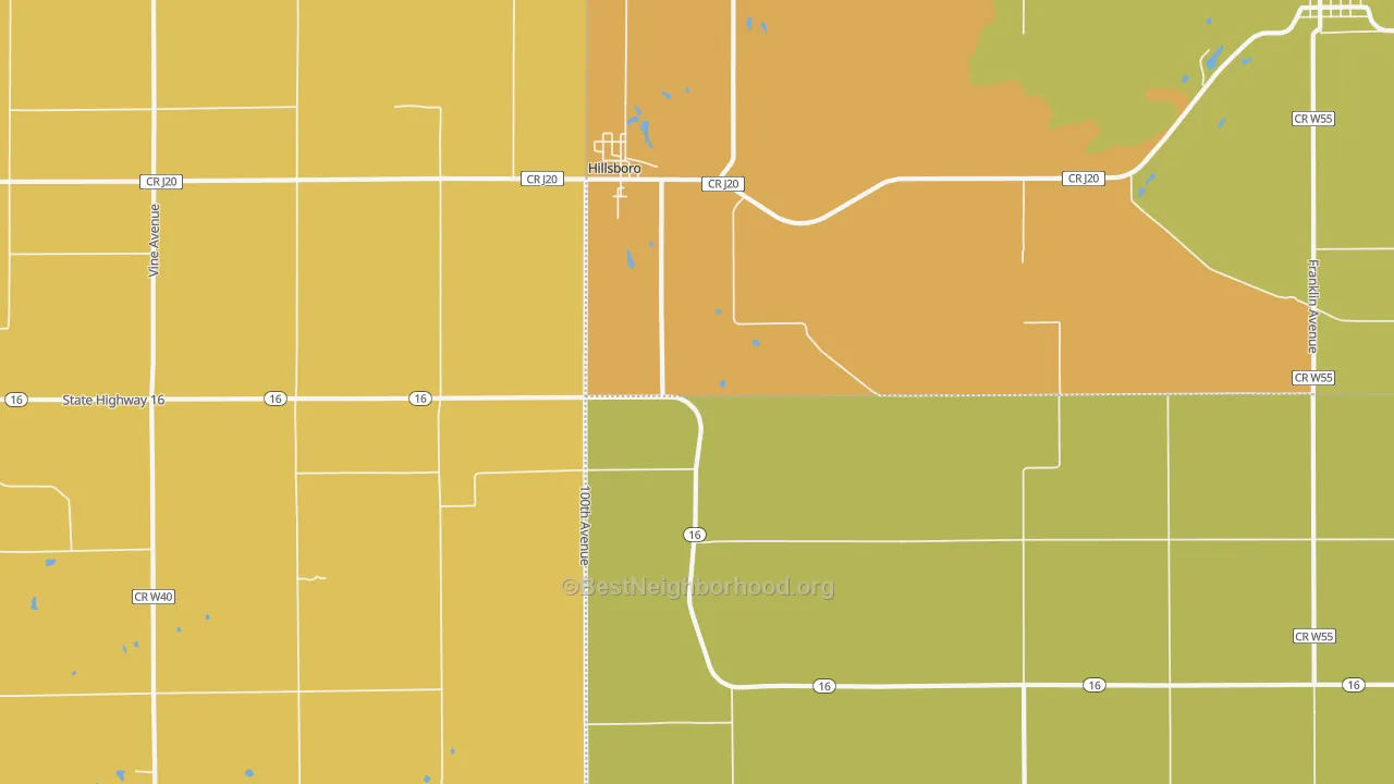 Map of the best neighborhoods in the 52630 area, with better matches in green and worse matches in red