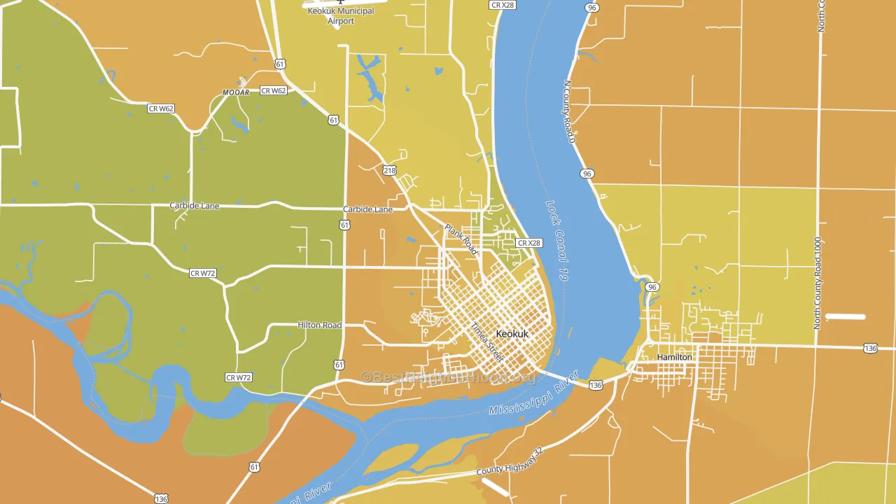 Map of the best neighborhoods in the 52632 area, with better matches in green and worse matches in red