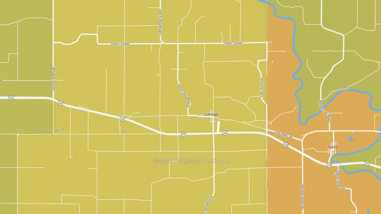 Map of the best neighborhoods in the 52635 area, with better matches in green and worse matches in red