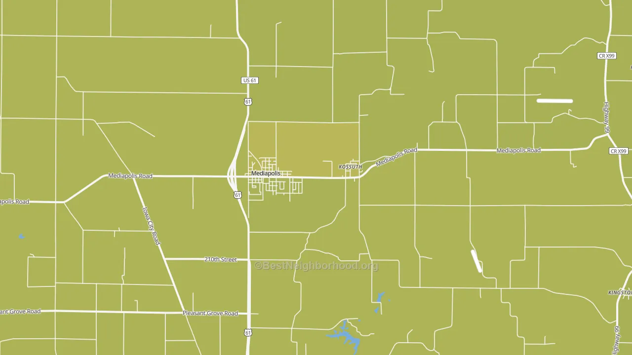 Map of the best neighborhoods in the 52637 area, with better matches in green and worse matches in red