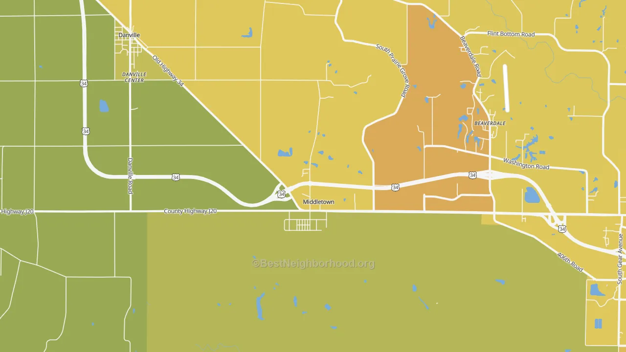 Map of the best neighborhoods in the 52638 area, with better matches in green and worse matches in red