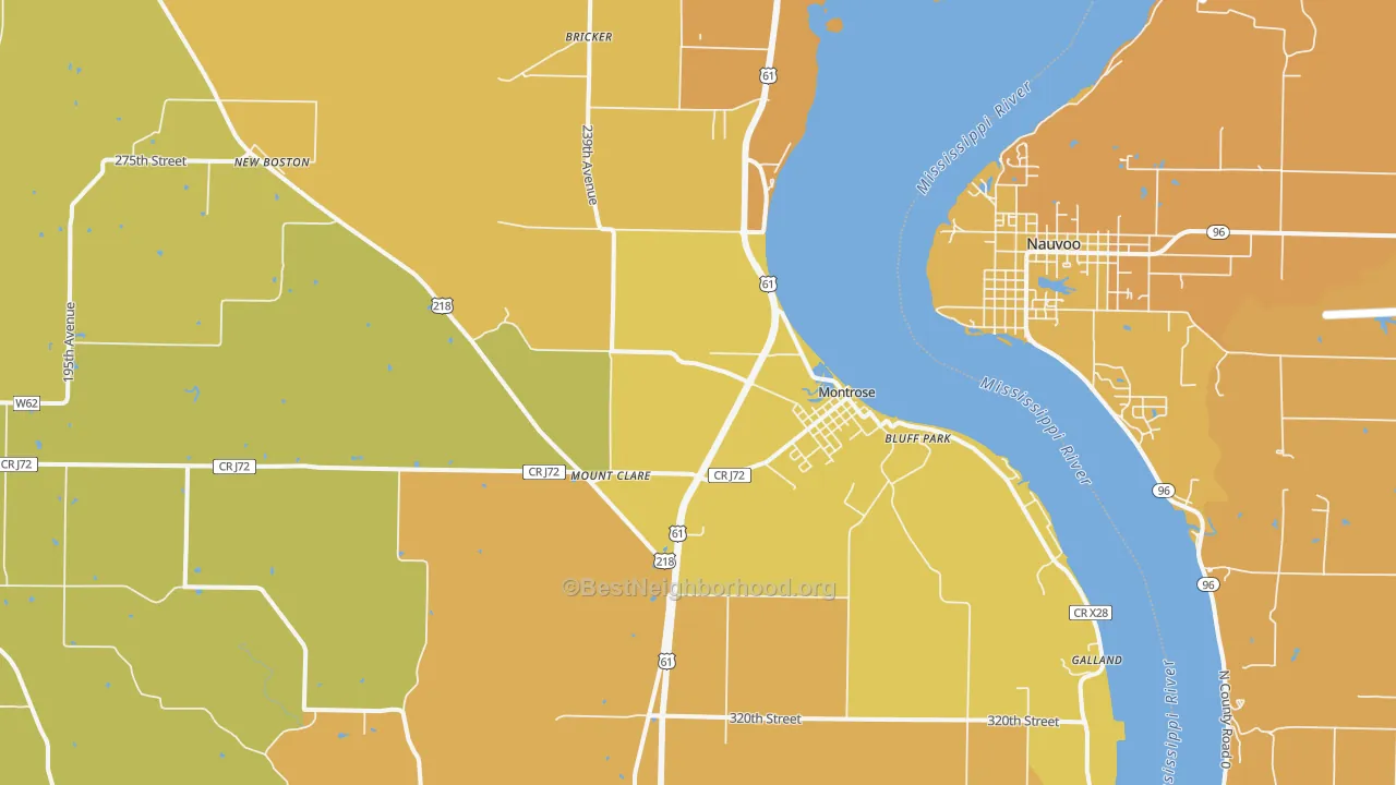 Map of the best neighborhoods in the 52639 area, with better matches in green and worse matches in red