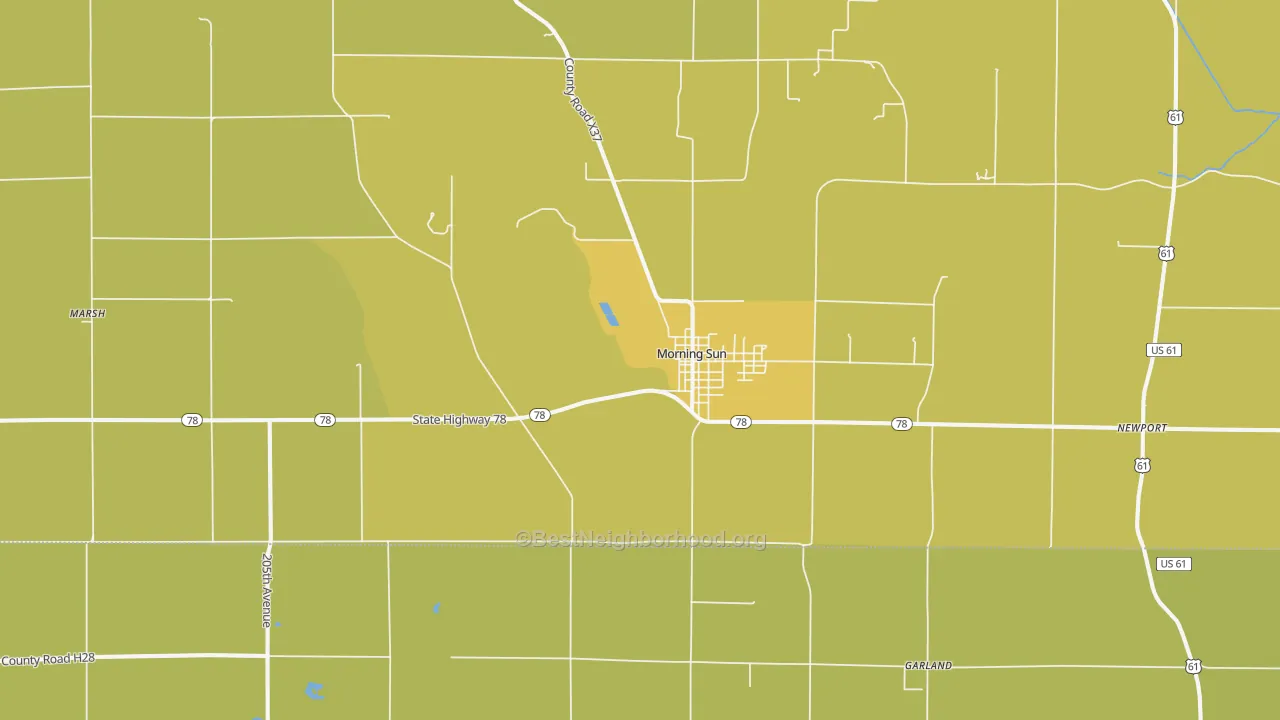 Map of the best neighborhoods in the 52640 area, with better matches in green and worse matches in red