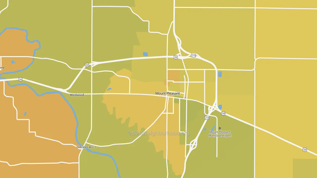 Map of the best neighborhoods in the 52641 area, with better matches in green and worse matches in red