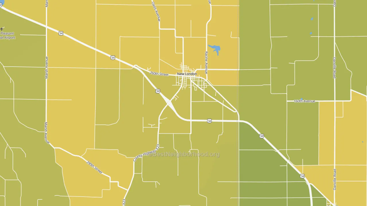 Map of the best neighborhoods in the 52645 area, with better matches in green and worse matches in red