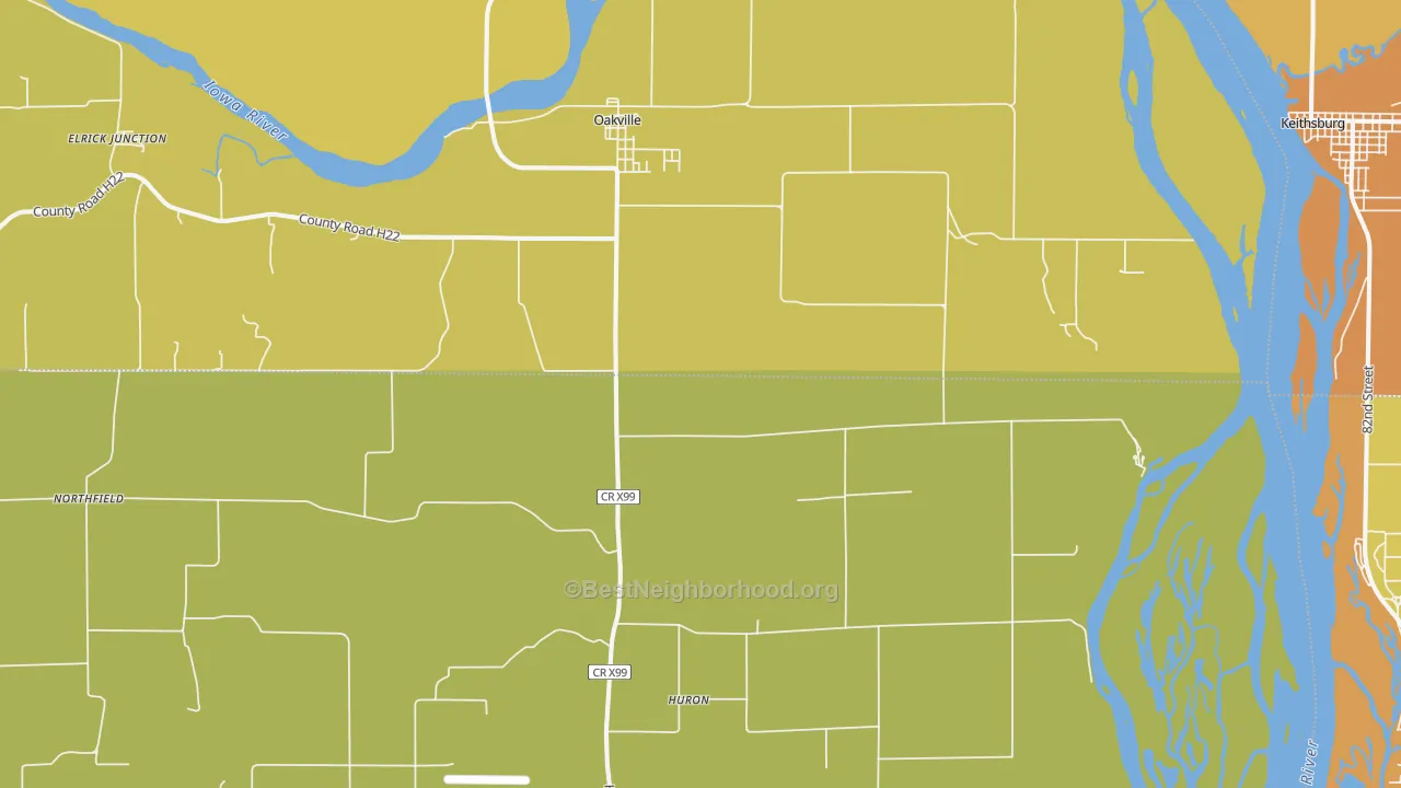 Map of the best neighborhoods in the 52646 area, with better matches in green and worse matches in red