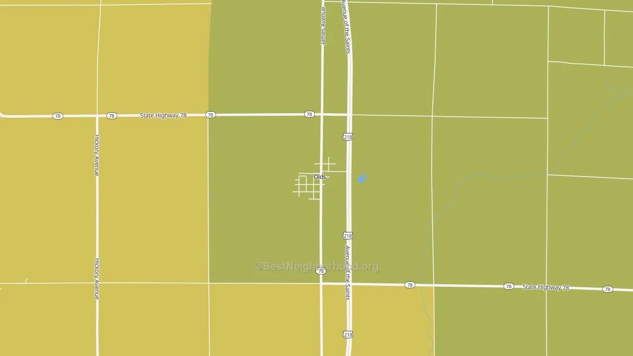 Map of the best neighborhoods in the 52647 area, with better matches in green and worse matches in red
