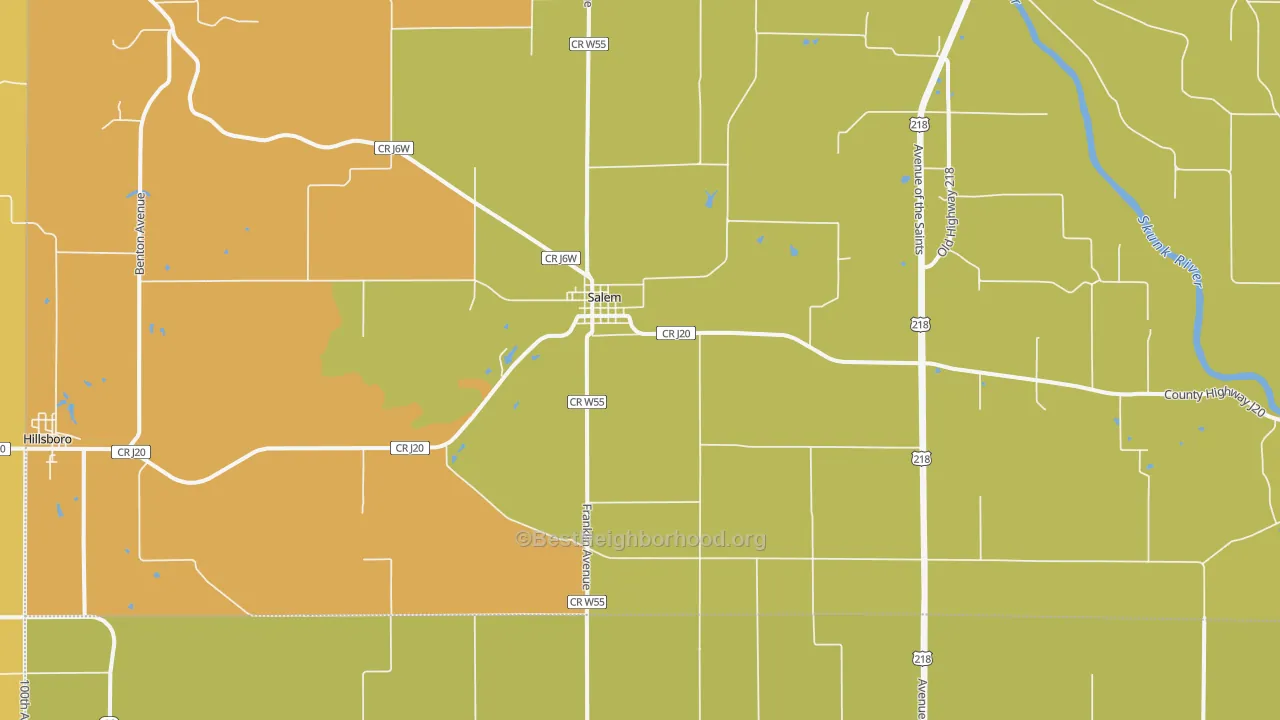 Map of the best neighborhoods in the 52649 area, with better matches in green and worse matches in red