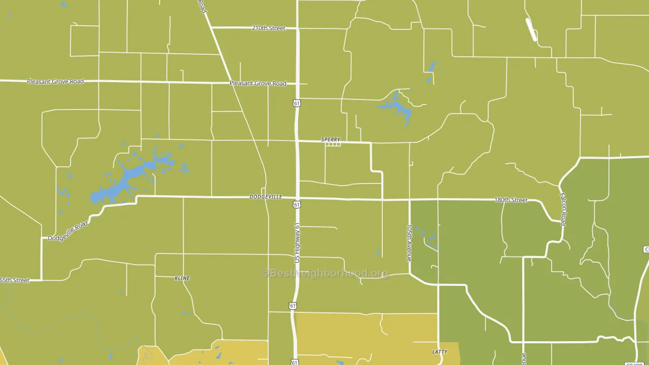 Map of the best neighborhoods in the 52650 area, with better matches in green and worse matches in red