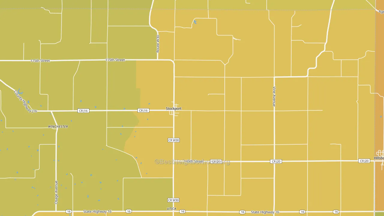 Map of the best neighborhoods in the 52651 area, with better matches in green and worse matches in red