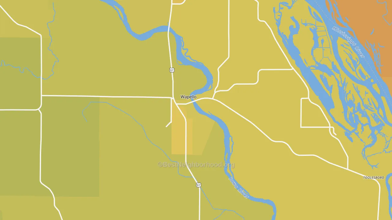 Map of the best neighborhoods in the 52653 area, with better matches in green and worse matches in red