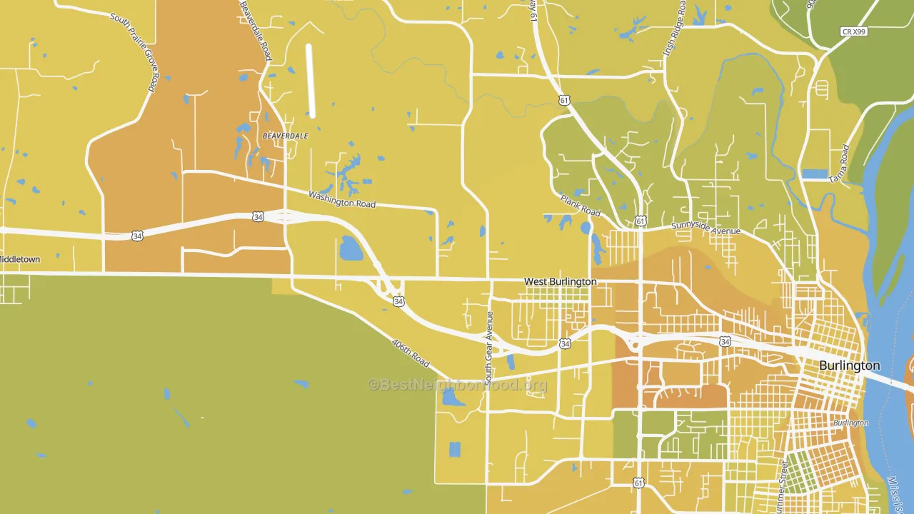 Map of the best neighborhoods in the 52655 area, with better matches in green and worse matches in red