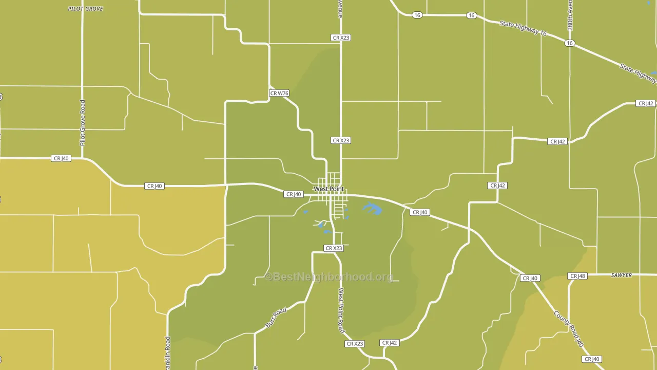 Map of the best neighborhoods in the 52656 area, with better matches in green and worse matches in red