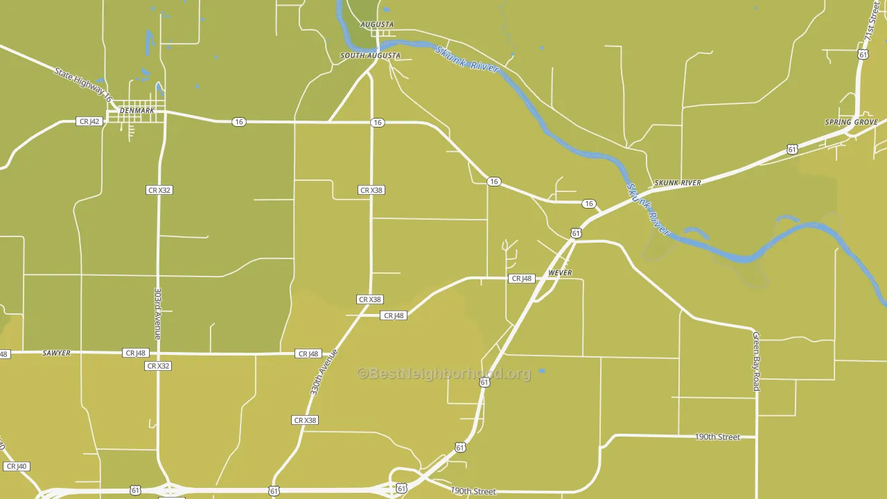 Map of the best neighborhoods in the 52658 area, with better matches in green and worse matches in red