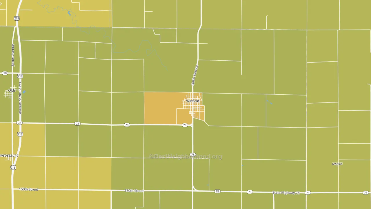 Map of the best neighborhoods in the 52659 area, with better matches in green and worse matches in red