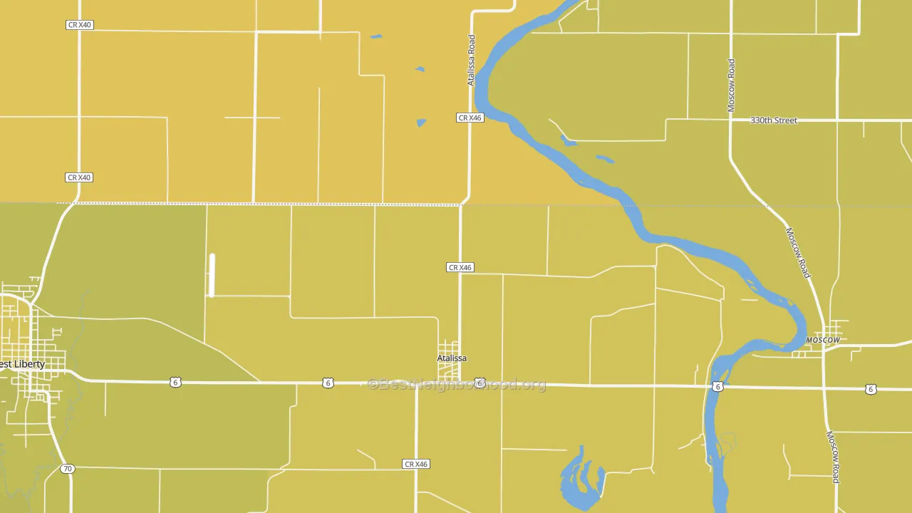 Map of the best neighborhoods in the 52720 area, with better matches in green and worse matches in red