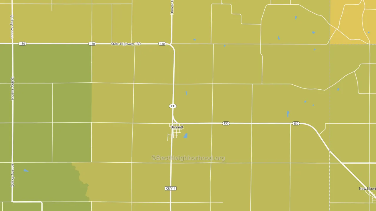 Map of the best neighborhoods in the 52721 area, with better matches in green and worse matches in red