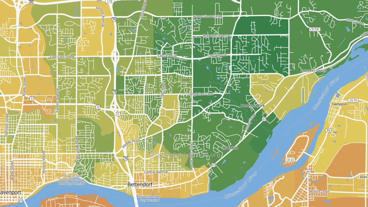 Map of the best neighborhoods in the 52722 area, with better matches in green and worse matches in red