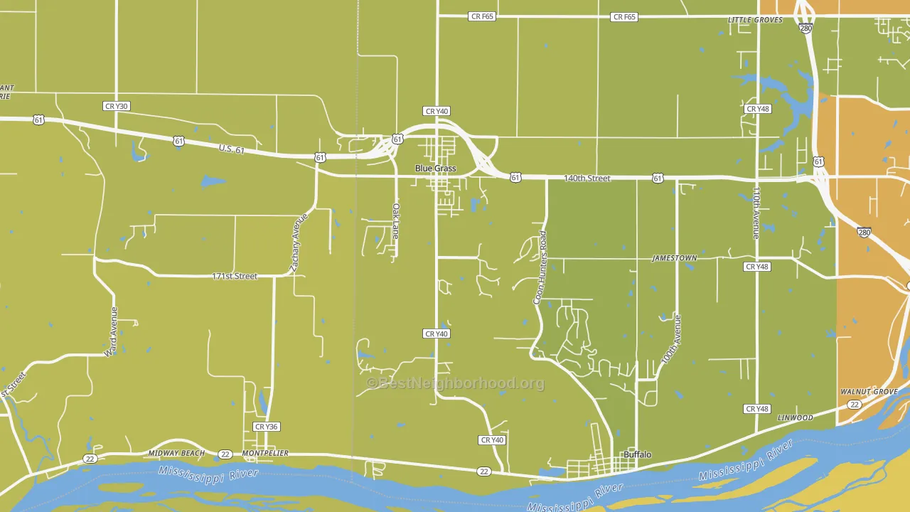 Map of the best neighborhoods in the 52726 area, with better matches in green and worse matches in red