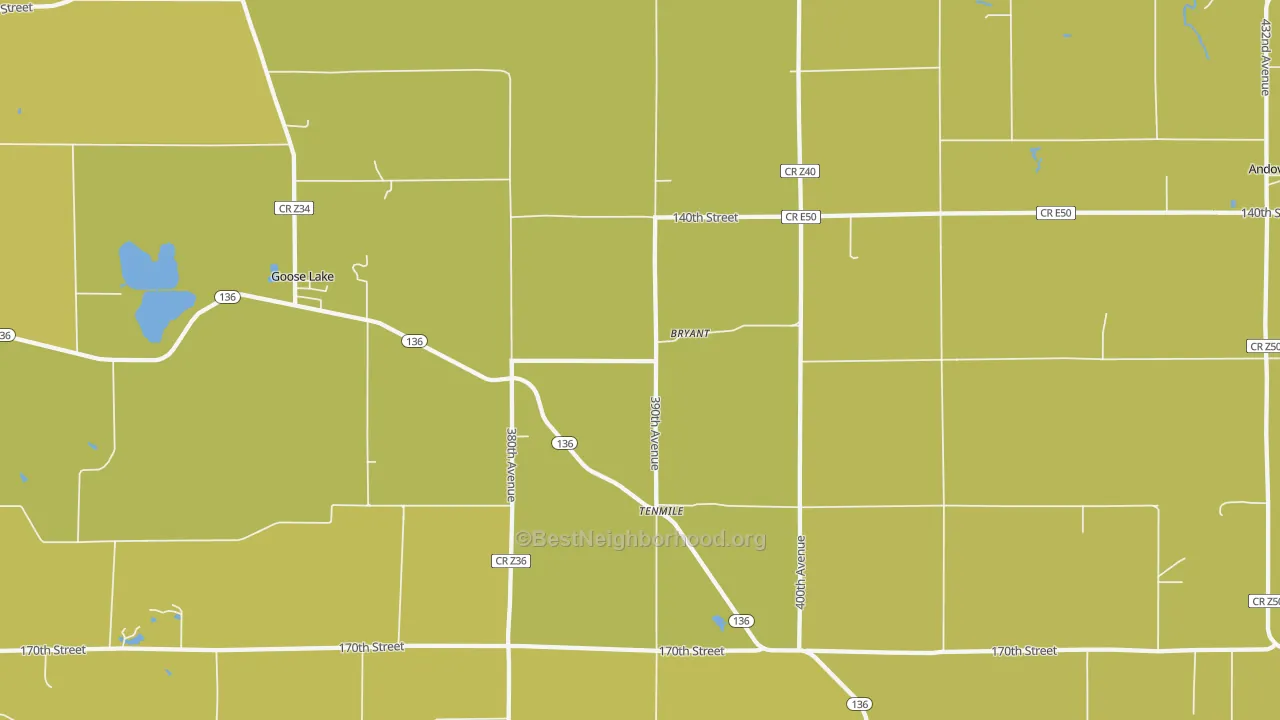 Map of the best neighborhoods in the 52727 area, with better matches in green and worse matches in red
