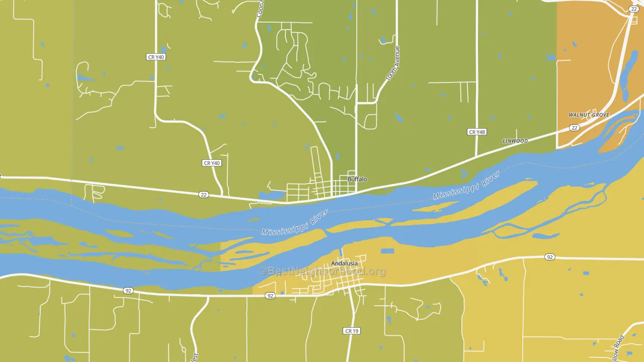 Map of the best neighborhoods in the 52728 area, with better matches in green and worse matches in red
