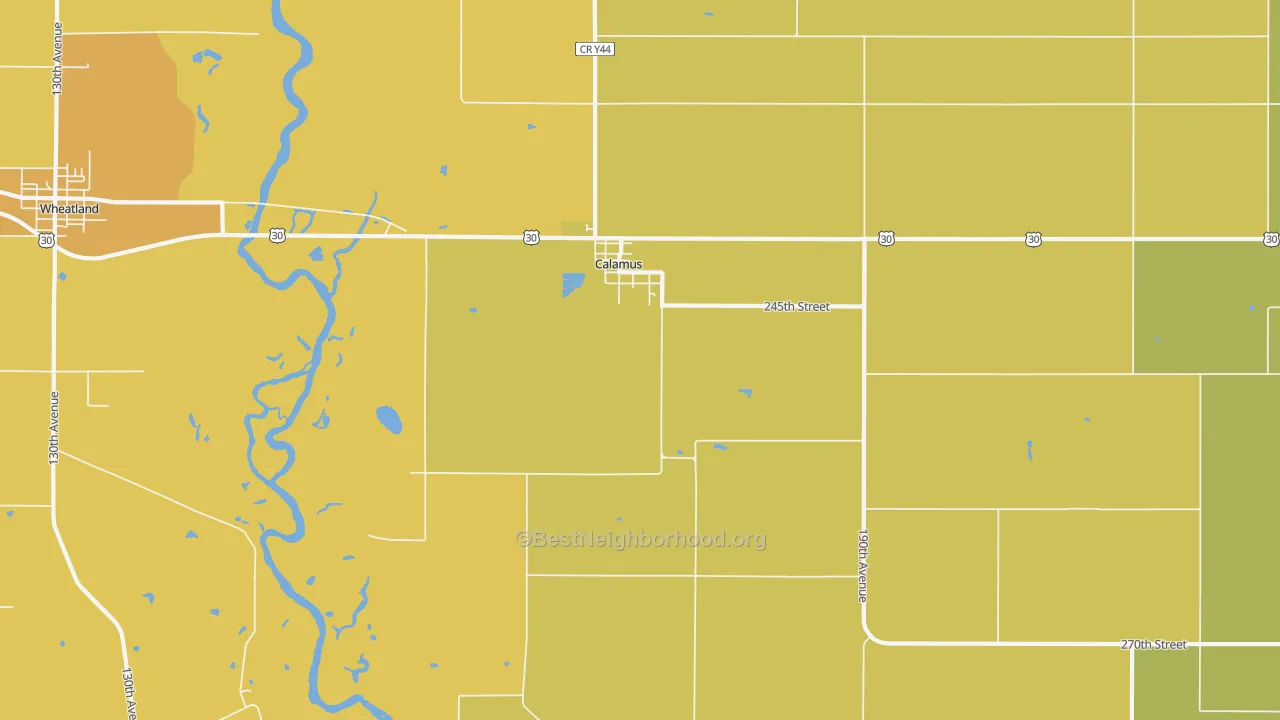 Map of the best neighborhoods in the 52729 area, with better matches in green and worse matches in red