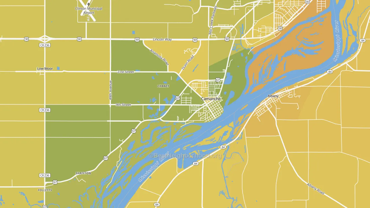 Map of the best neighborhoods in the 52730 area, with better matches in green and worse matches in red