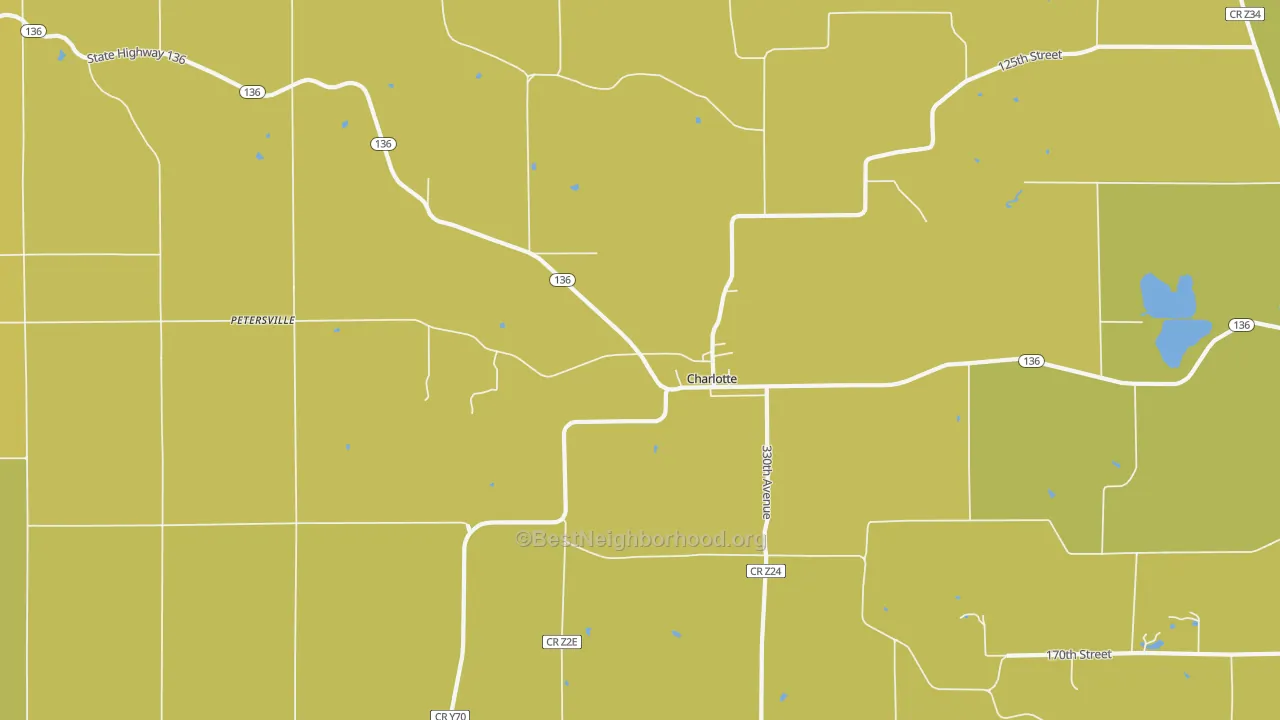 Map of the best neighborhoods in the 52731 area, with better matches in green and worse matches in red