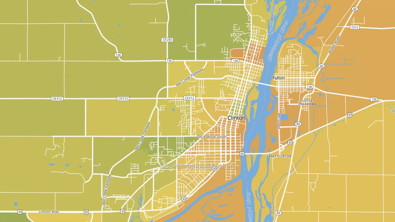 Map of the best neighborhoods in the 52732 area, with better matches in green and worse matches in red