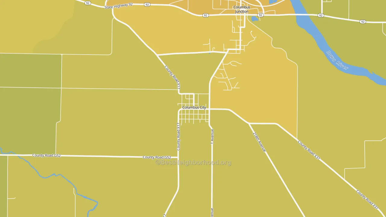 Map of the best neighborhoods in the 52737 area, with better matches in green and worse matches in red