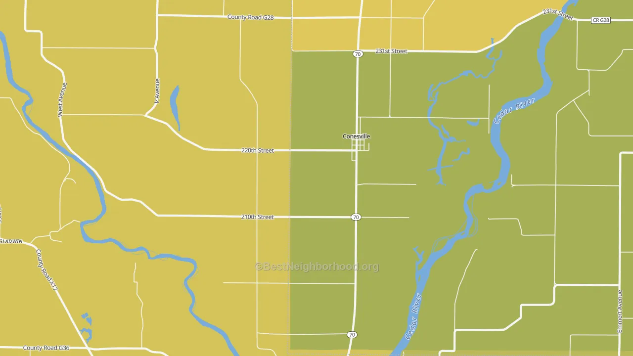 Map of the best neighborhoods in the 52739 area, with better matches in green and worse matches in red