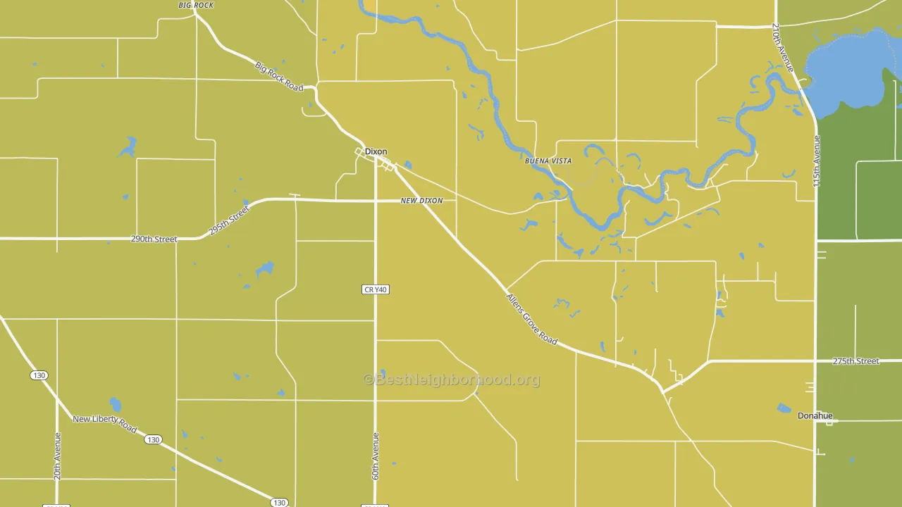Map of the best neighborhoods in the 52745 area, with better matches in green and worse matches in red