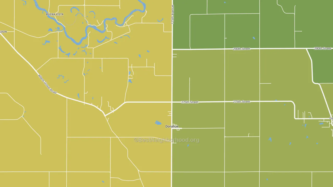 Map of the best neighborhoods in the 52746 area, with better matches in green and worse matches in red
