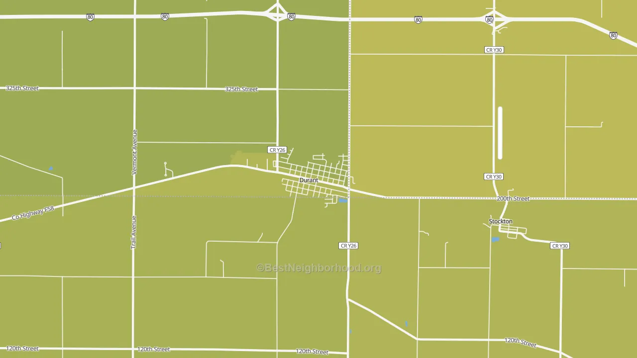 Map of the best neighborhoods in the 52747 area, with better matches in green and worse matches in red
