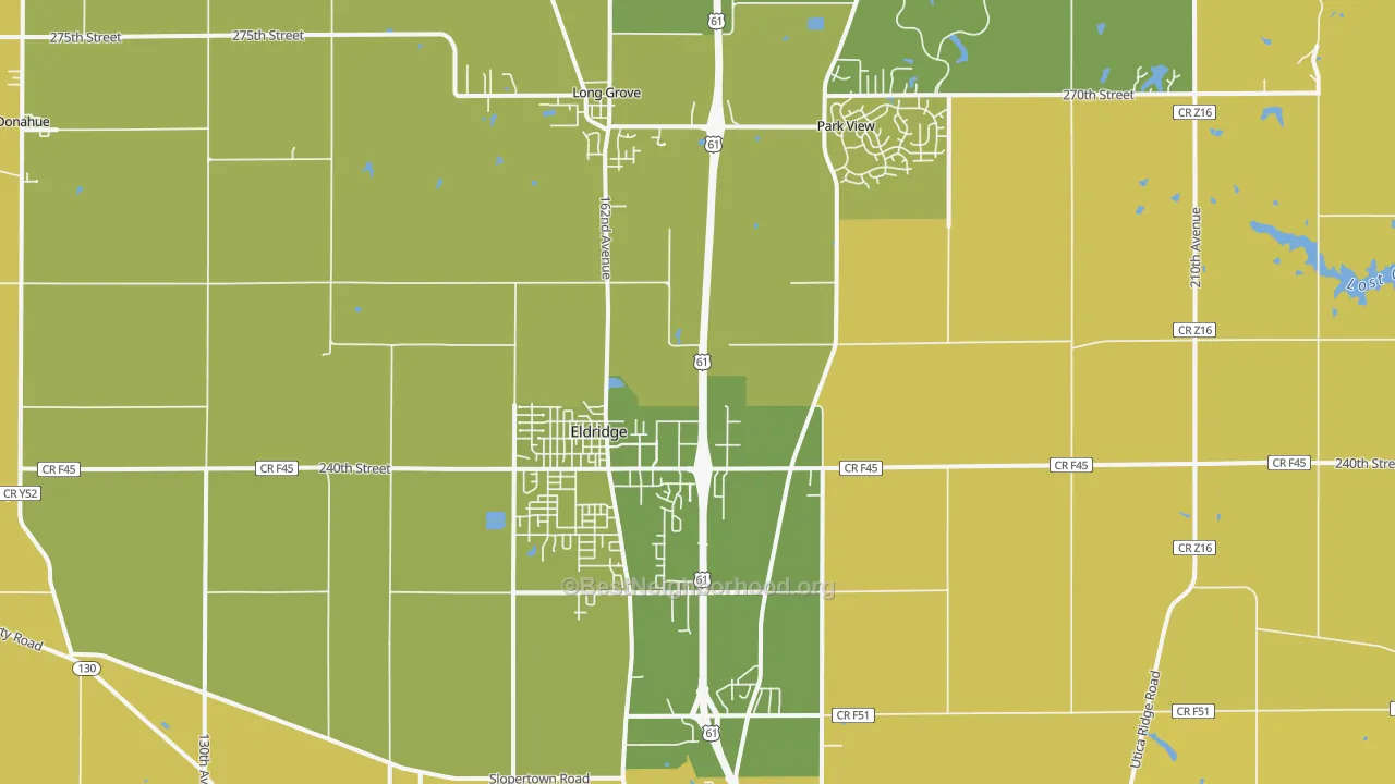 Map of the best neighborhoods in the 52748 area, with better matches in green and worse matches in red