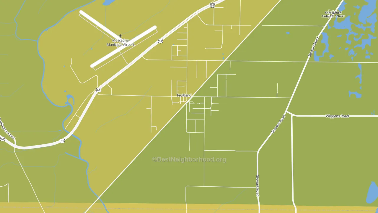 Map of the best neighborhoods in the 52749 area, with better matches in green and worse matches in red