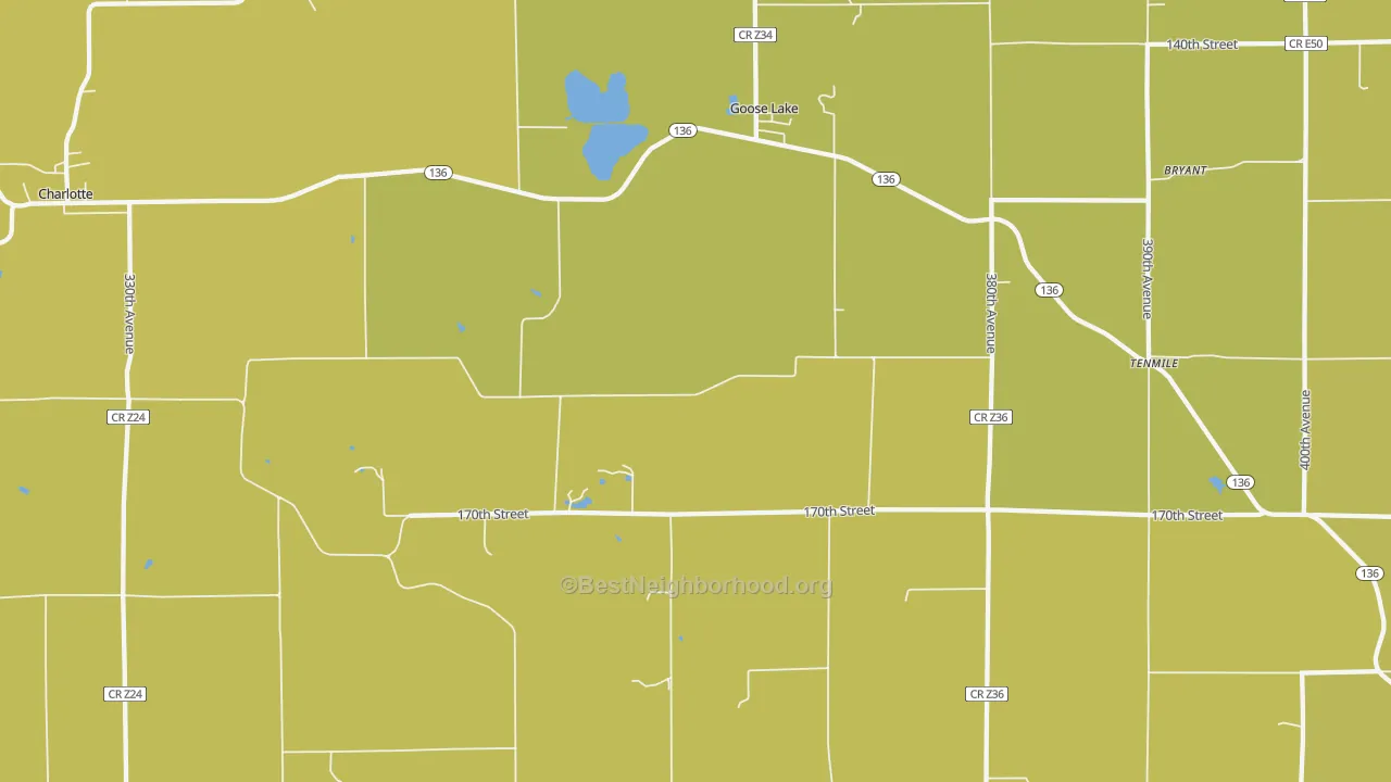 Map of the best neighborhoods in the 52750 area, with better matches in green and worse matches in red