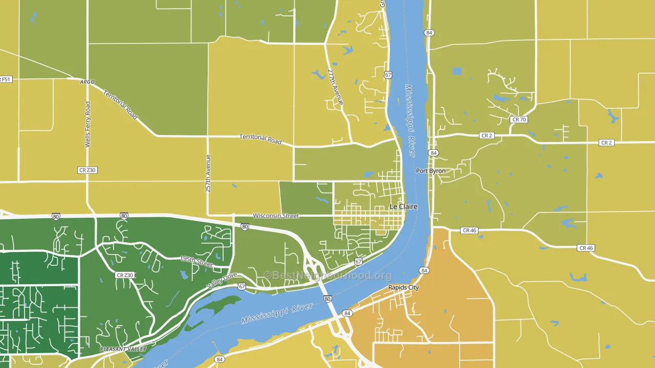 Map of the best neighborhoods in the 52753 area, with better matches in green and worse matches in red